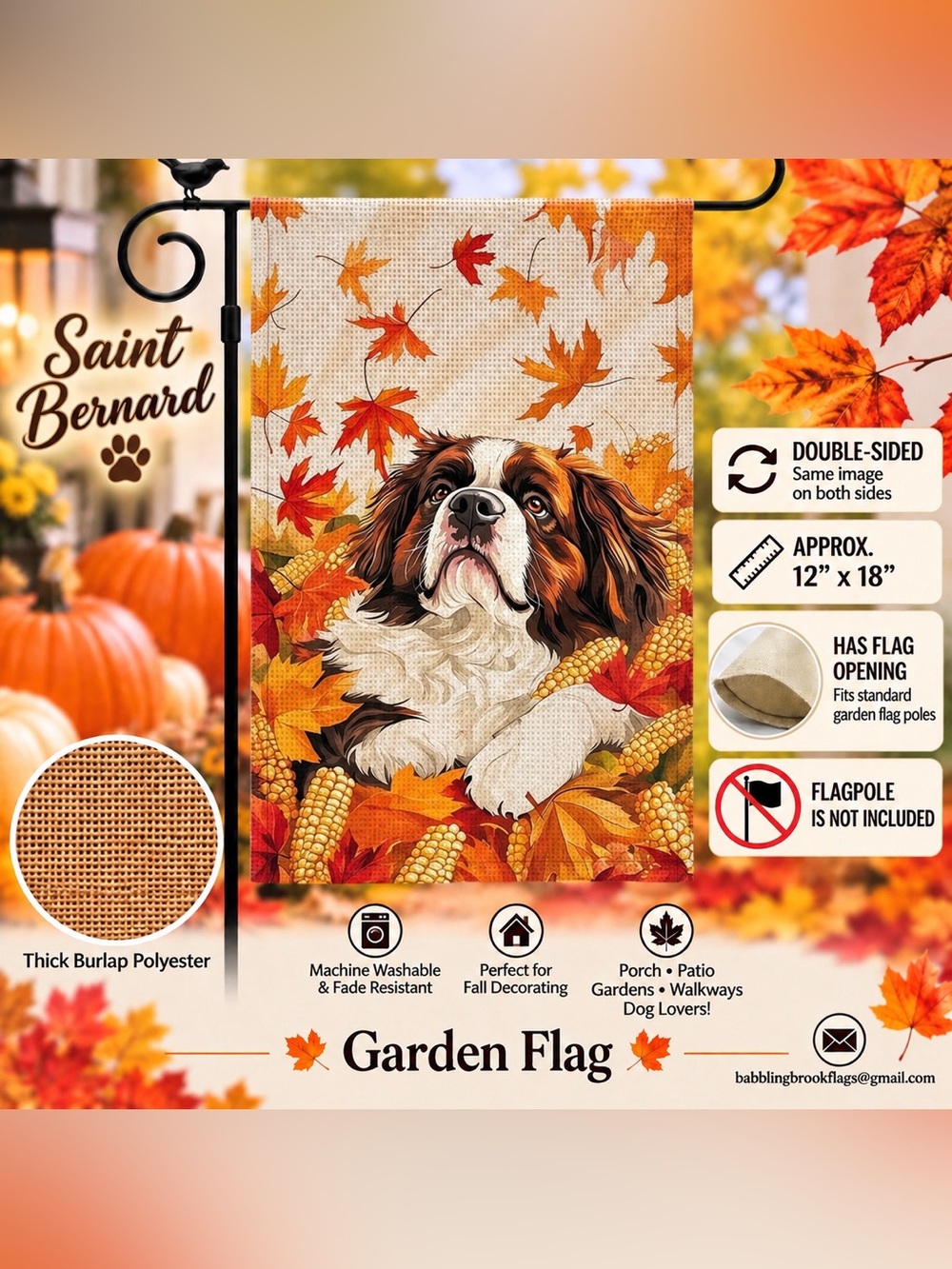 Garden flag, autumn St. Bernard, burlap polyester, double-sided, 12” x 18”